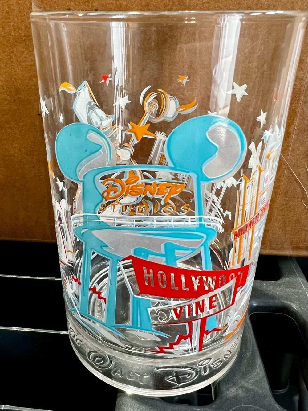 Disney Clear Glass with Blue Mickey Icon and Red Hollywood Vine Sign. Collector.